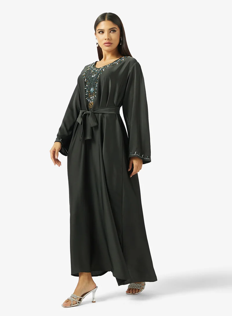 hayas closet  Floral Hand Work At Front Section And Beaded Jalabiya for Women | Best Price UAE